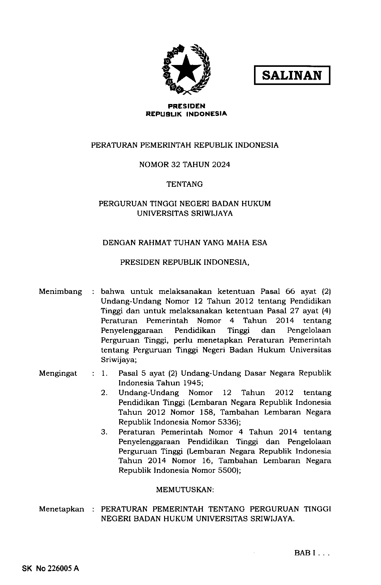 Peraturan Pemerintah Nomor 32 Tahun 2024 tentang Perguruan Tinggi Badan Hukum Universitas Sriwijaya