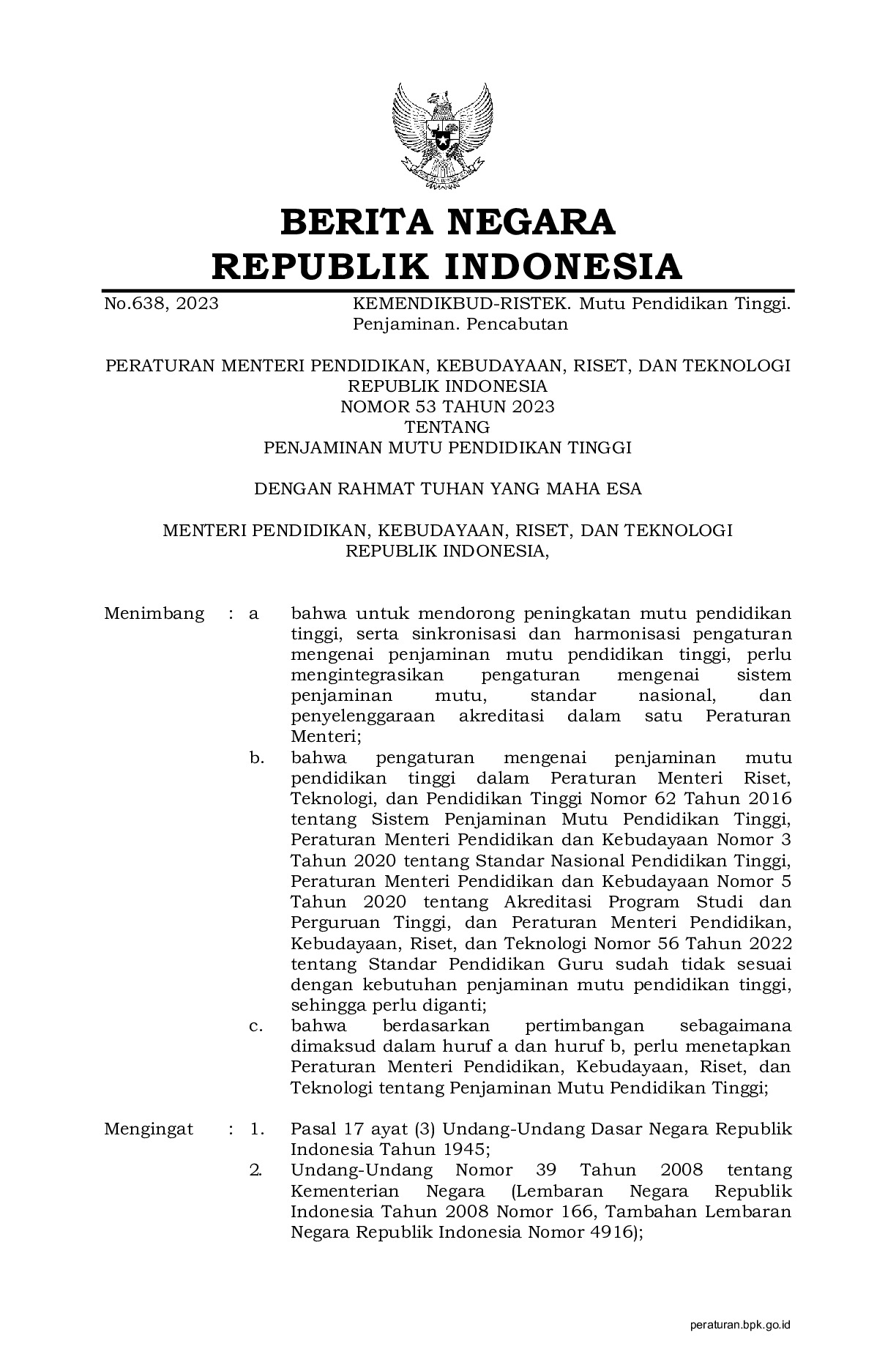 Peraturan Menteri Pendidikan, Kebudayaan, Riset, dan Teknologi Nomor 53 Tahun 2023 tentang Penjaminan Mutu Pendidikan Tinggi