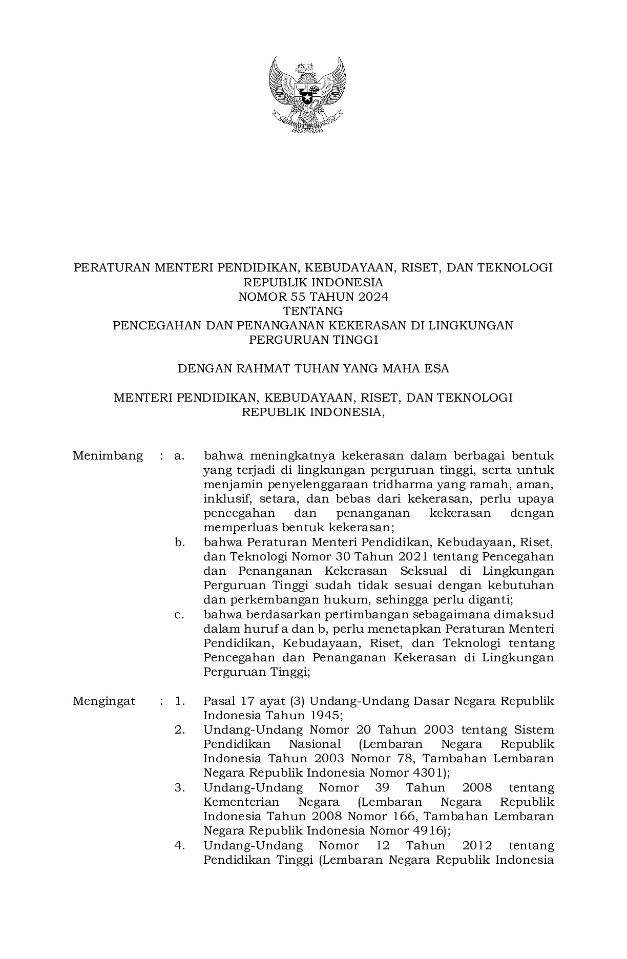 Peraturan Menteri Pendidikan, Kebudayaan, Riset, dan Teknologi Nomor 55 Tahun 2024 tentang Pencegahan dan Penanganan Kekerasan di Lingkungan Perguruan Tinggi
