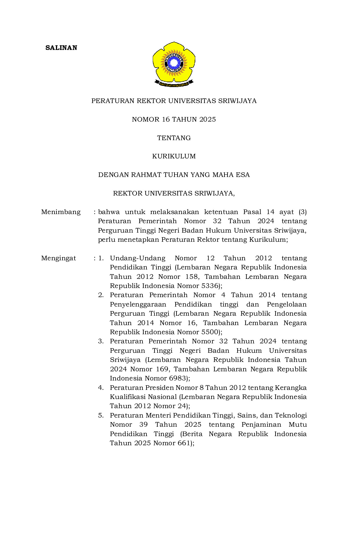 Peraturan Rektor Universitas Sriwijaya Nomor 16 Tahun 2025 tentang Kurikulum