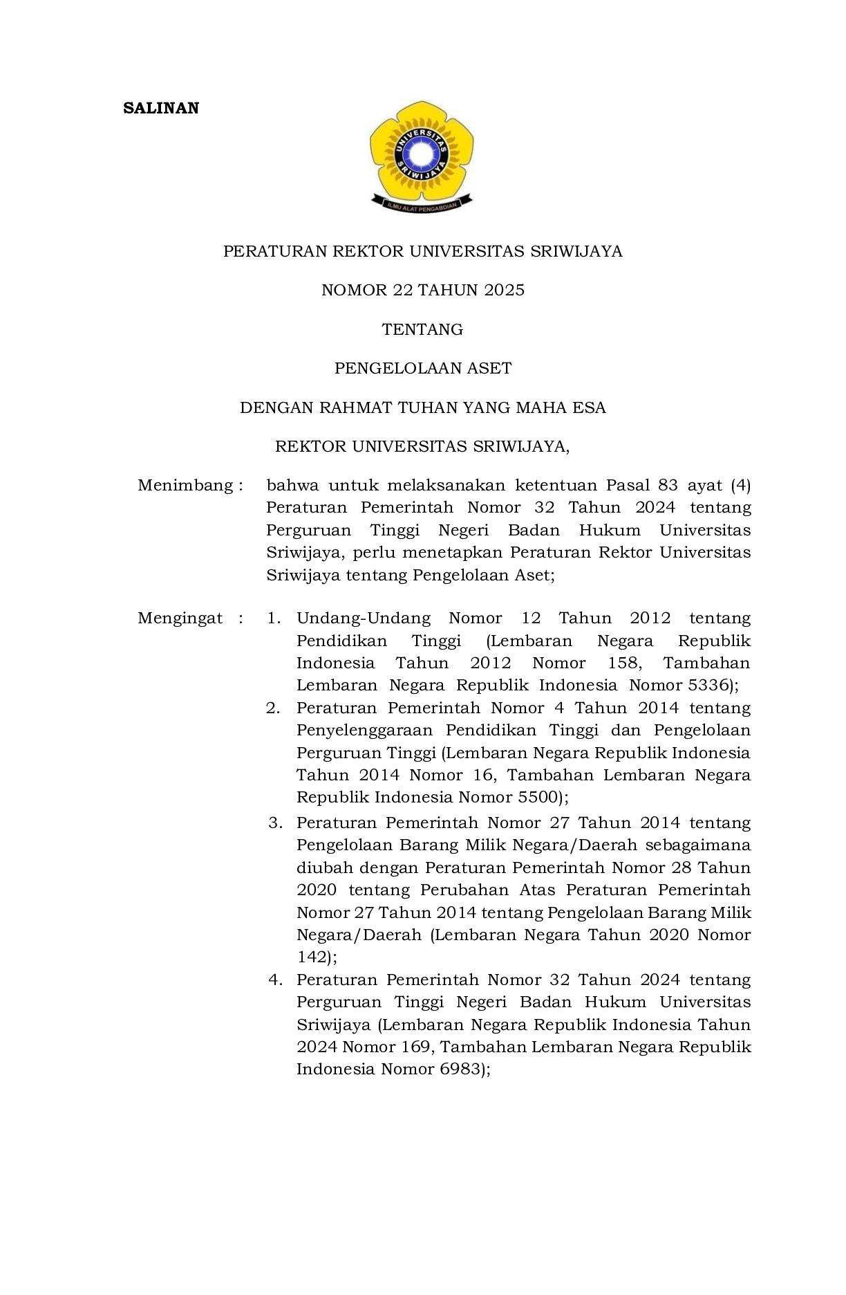Peraturan Rektor Universitas Sriwijaya Nomor 22 Tahun 2025 tentang Pengelolaan Aset