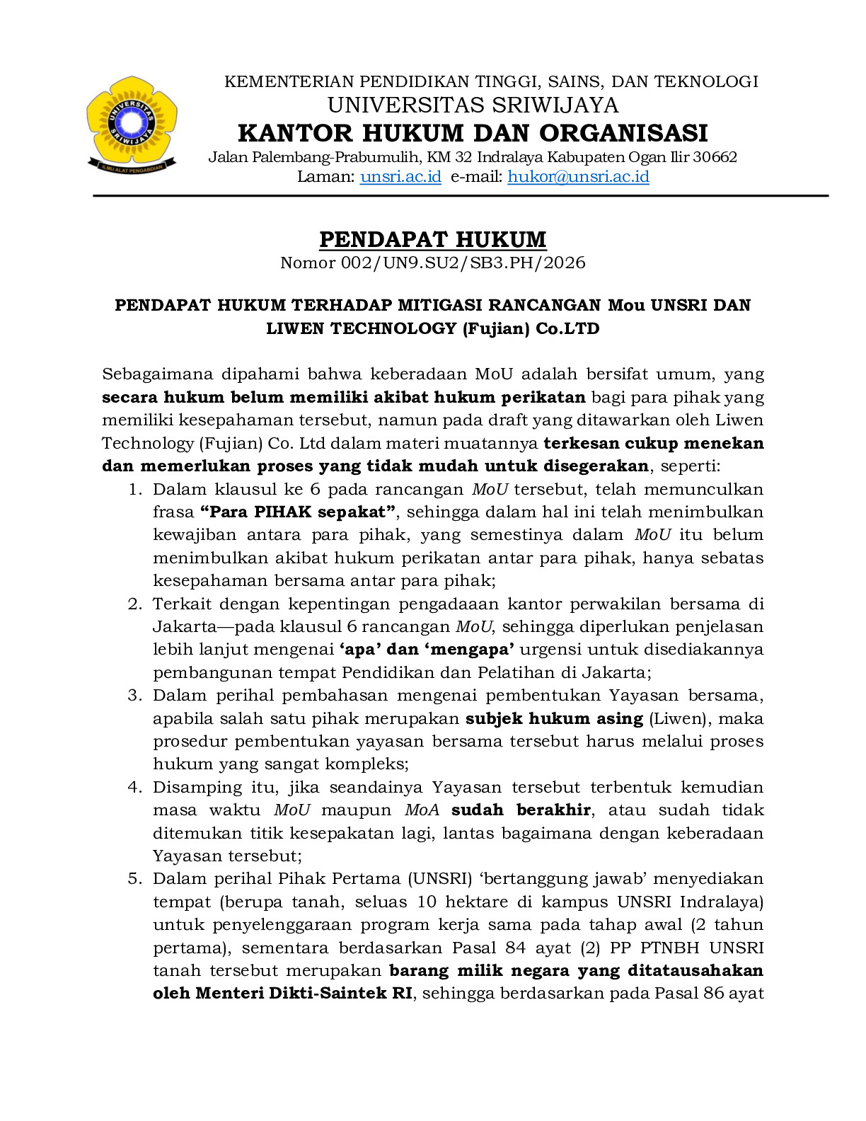 Pendapat Hukum Terhadap Mitigasi Rancangan Mou Unsri Dan Liwen Technology (Fujian) Co.Ltd