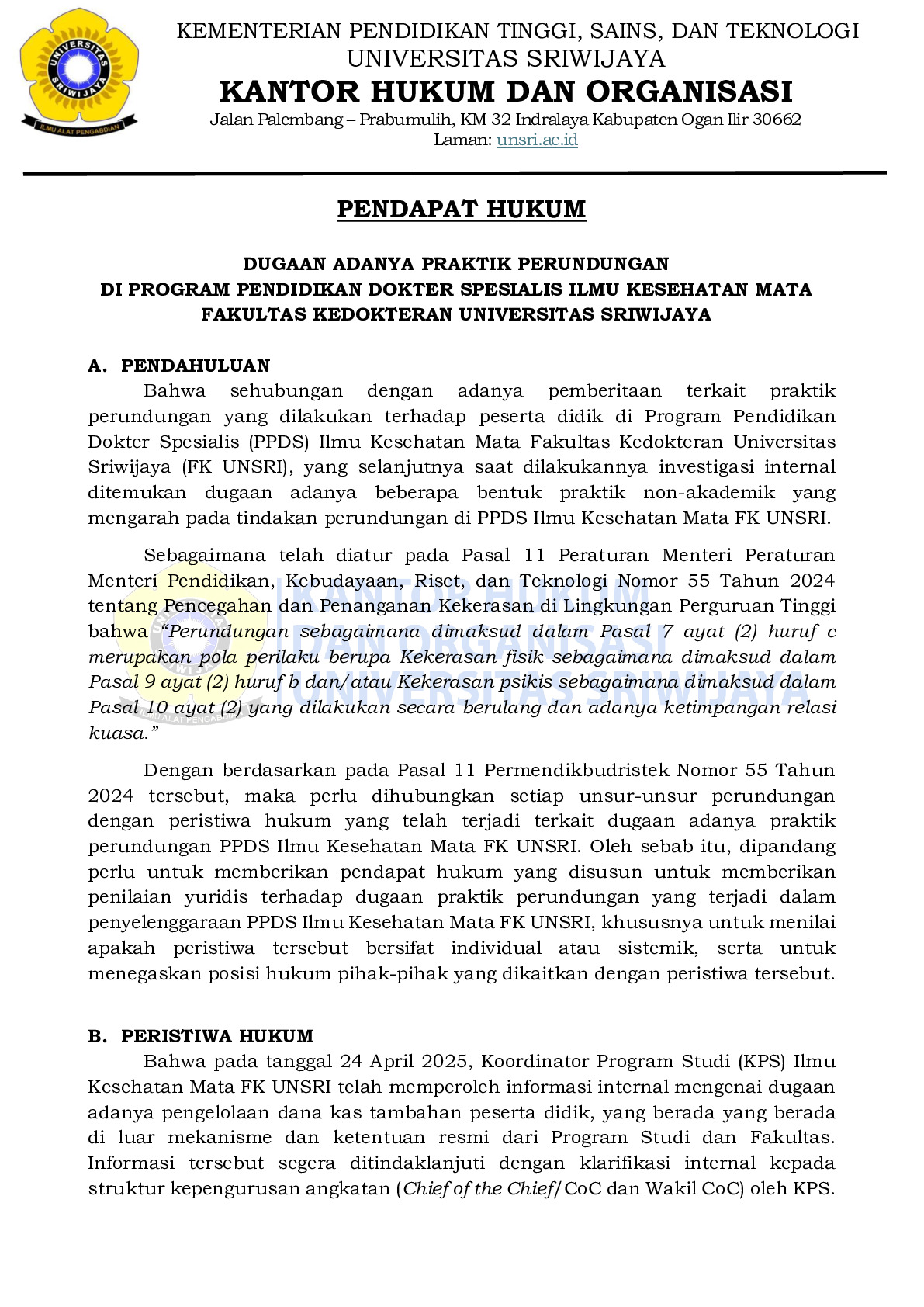Pendapat Hukum Dugaan Adanya Praktik Perundungan  Di Program Pendidikan Dokter Spesialis Ilmu Kesehatan Mata Fakultas Kedokteran Universitas Sriwijaya